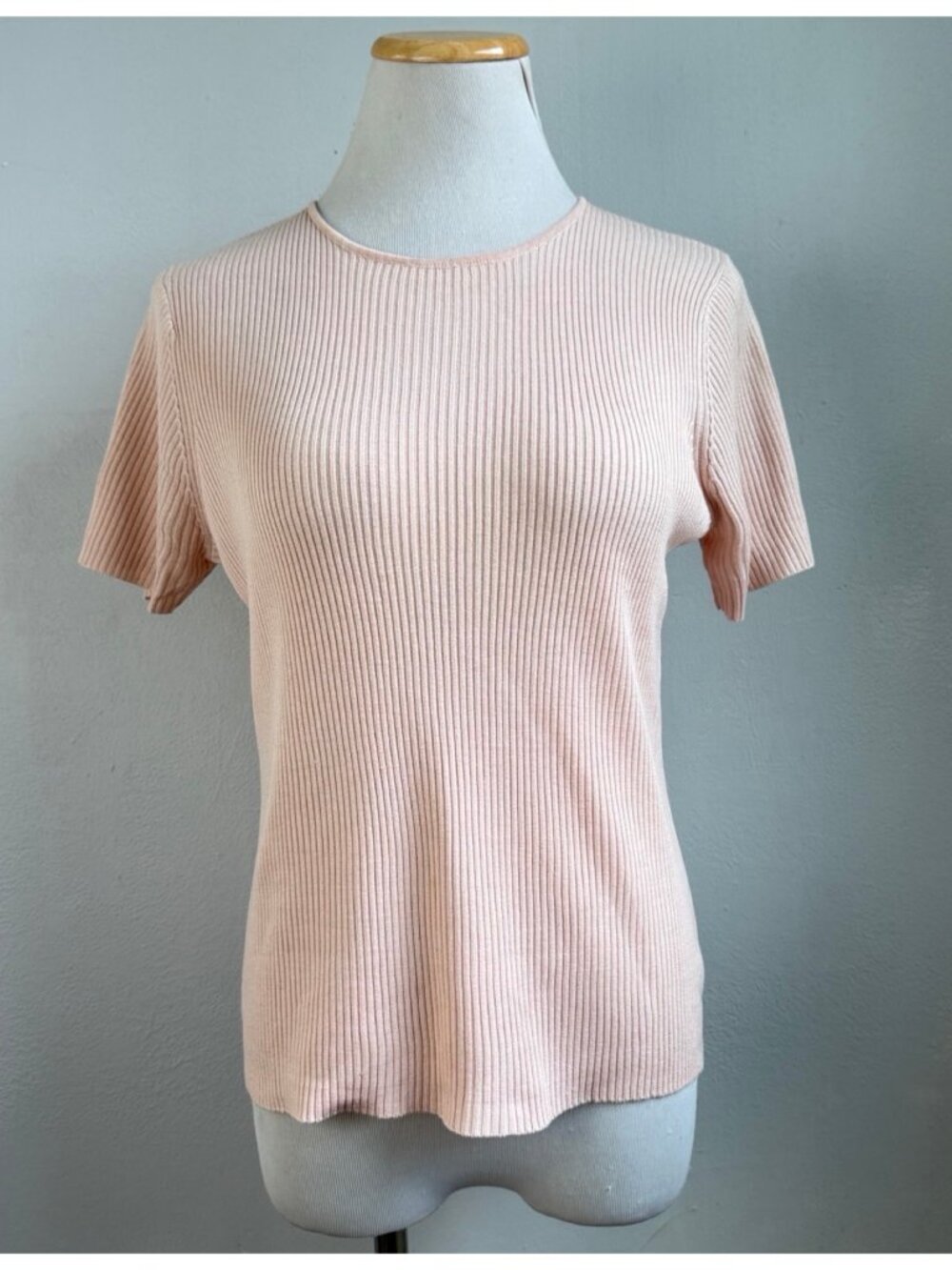 Vintage Ribbed Knit Silk Blend Top Size Medium 90s Light Pink Short Sleeve Shirt